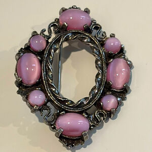 Vintage Miracle Pink Moonglow glass signed Brooch Silver tone twirl Accents